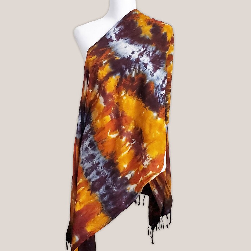 Baltic Amber Tie Dye Scarf Hand Dyed Wrap w/ Fringe in Orange and Black